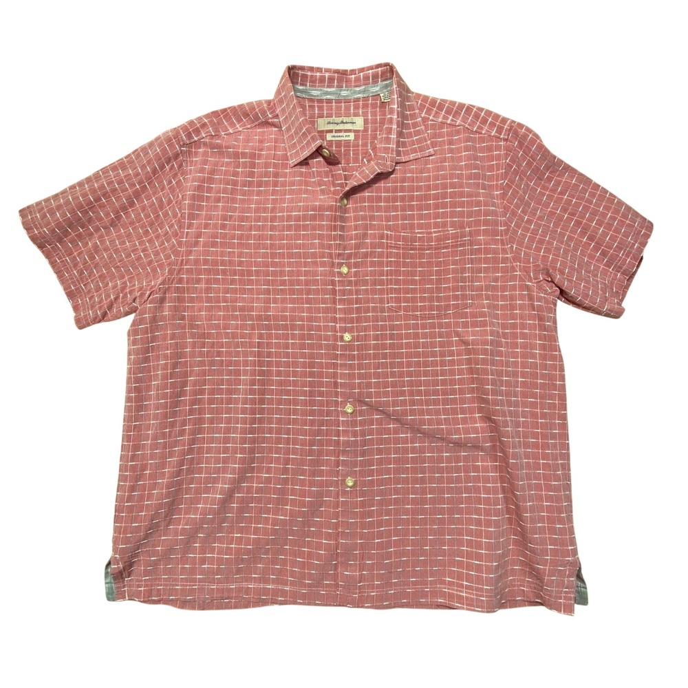 Tommy Bahama Peach Grid Check Silk Cotton Button-Up‎ Shirt XL